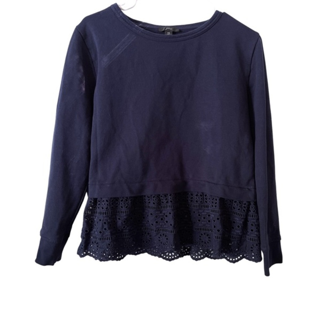 J. Crew Navy‎ Blue Crewneck Sweatshirt wirh Eyelet trim on hem and cuffs XS